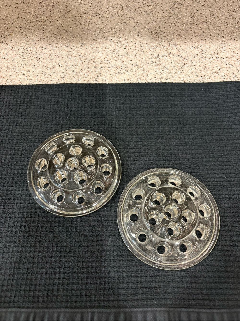 Lot of 2 Clear Glass Flower Frogs Floral Arrangement Discs Round Multi-Hole